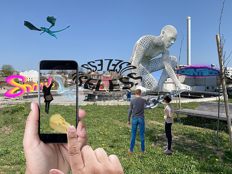 Studierende präsentieren via AR handfeste bist visionäre Gestaltungsideen für den Emmenpark. Bild: HSLU