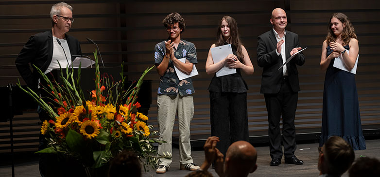 Diplomfeier Musik 2026 Preisträgerinnen des ST.Art-Nachwuchsförderpreises des Kantons Luzern: Luis Greipl, Daria Bocharova, Hleb Sidaruk, Philomène Michel