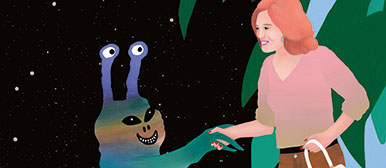 Ein Ausserirdischer wird von einer Frau begrüsst.