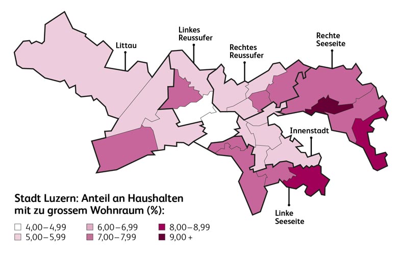 Luzernerinnen und Luzerner, die ihre Wohnung als zu gross empfinden, wohnen besonders oft in privilegierten Quartieren links und rechts des Sees.