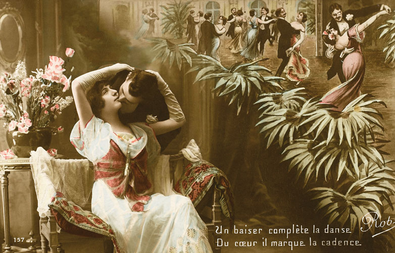 Eine Postkarte aus dem Jahr 1916 zeigt ein junges Paar auf einem Tanzabend. Dass Frauen sich so frei und selbstbewusst gaben, war damals eher die Ausnahme.