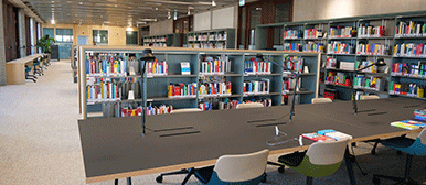 Arbeitsplätze und Bücherregale in der Bibliothek am Campus Luzern Bahnhof
