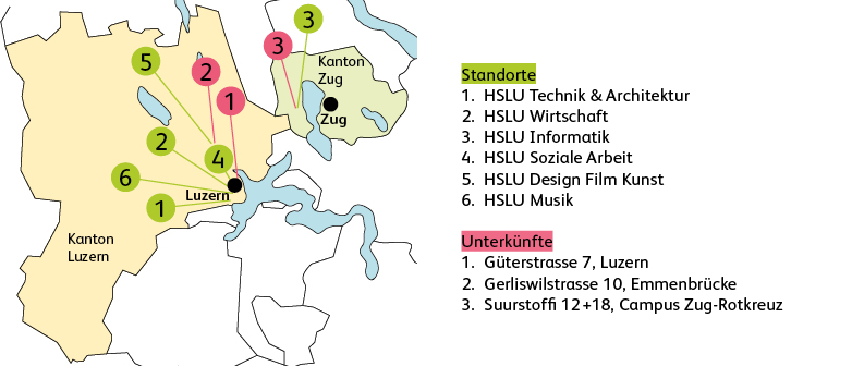 Map with HSLU-locations and -accommodation