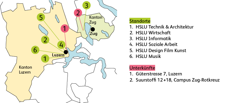 Karte mit HSLU-Standorten und -Unterkünften