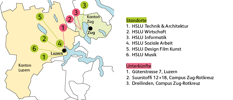 Karte mit HSLU-Standorten und -Unterkünften