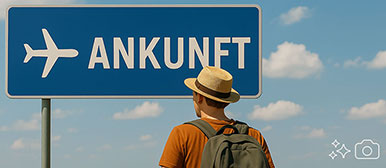 Person vor einem Ankunfts-Schild