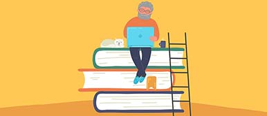 Illustration Mann mit Laptop sitzt auf Bücherstapel