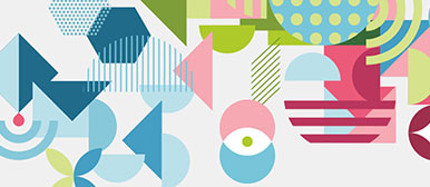 Viele grafische Elemente in grün blau und rosa