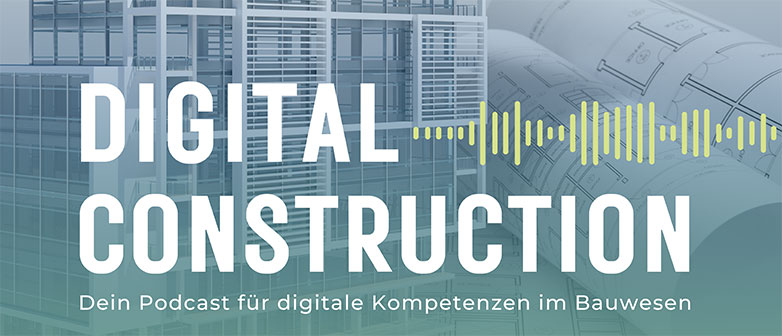 Hausstruktur im Hintergrund mit Schriftzug und Soundwellen im Vordergrund