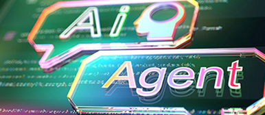 „Leuchtende Schrift ‘AI Agent’ über digitalem Code in grün-blauen Farben