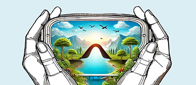 Zwei gezeichnete Hände halten eine VR Brille mit Naturmotiv
