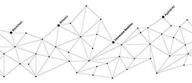 Netzgrafik zu den Themen Blockchain, Robotik, Immsersive Realities und Applied AI