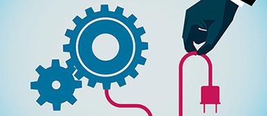 Illustration von Zahnraedern und einem Stromkabel das verbunden wird