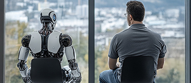 Ein humanoider Roboter und ein Mann sitzen nebeneinander auf Stühlen und schauen aus dem Fenster.