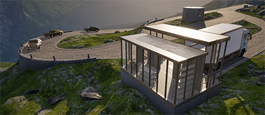 Visualisierung aus dem virtuellen Zoll-Spiel. Man sieht eine Bergstrasse mit Fahrzeugen und einem modernen Glasgebäude am Hang bei Sonnenlicht.