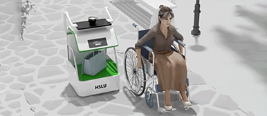 Darstellung einer Frau im Rollstuhl mit einem Assistenzroboter