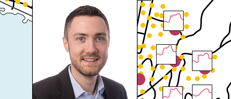 Im Vordergrund ein Foto von Halldor Janetzko und im Hintergrund eine Illustration von Temperaturkurven