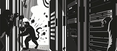 Eine digitale Schwarz-Weiss Illustration von Affen, welche eine Produktionsumgebung zerstören.