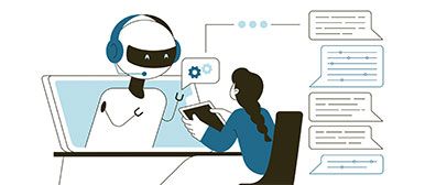 Eine digitale Illustration von einem Roboter, der mit einem Menschen spricht.