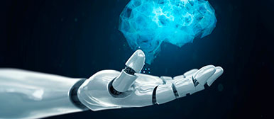 Roboterhand hält blauen Lichtball