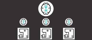 Grafik mit drei Kaffeemaschinen-Icons und vier Gehirn-Icons