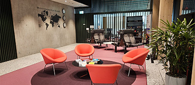 Ein Raum mit roten Sesseln und einer Zimmerpflanze in der Ecke.