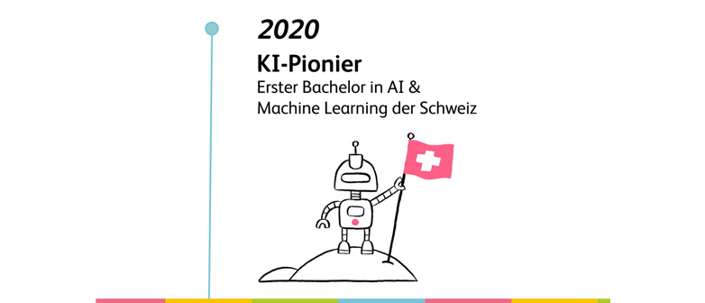 Ein illustrierter Roboter steht auf einer kleinen Erhebung und hält eine Schweizer Flagge in der Hand.