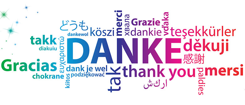 Bild mit Schriftzug Danke in verschiedenen Sprachen