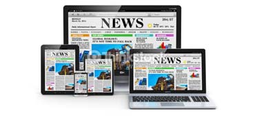 Ansicht diverser elektronischer Geräte (Tablet, Handy, Laptop, PC) mit Startseite eines Nachrichten-Portals. 