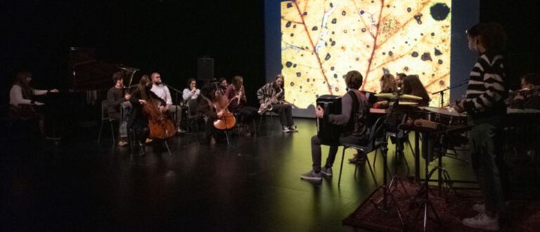 Musik spielen vor einer Leinwand mit einem Blatt