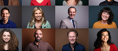 mehrere Portraits von verschiedenen Personen nebeneinander. Alle lachen und sehen glücklich aus
