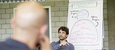 Mann sitzt vor einem Flipchart