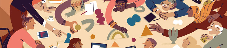 Illustration mit vielen verschiedenen Menschen