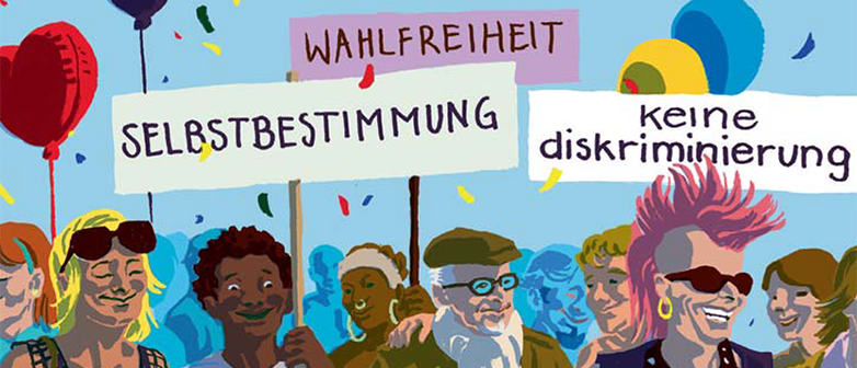 Zeichnung von Menschen, die friedlich für Selbstbestimmung, Wahlfreiheit und gegen Diskriminierung demonstrieren.