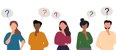 Illustration einer Gruppe von Menschen mit Fragen