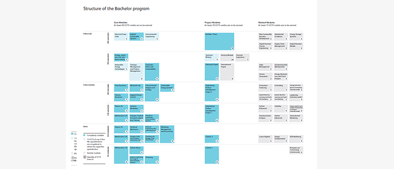 Grafische Darstellung in Blau- und Grautönen des Curriculums des aktuellen Schuljahres