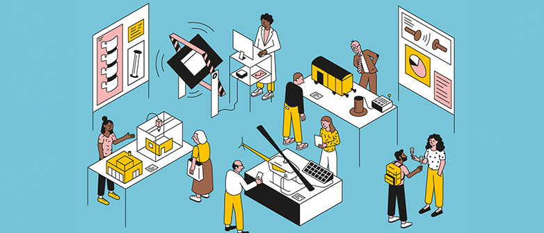 Illustration von Ausstellungsstücken und Besuchenden