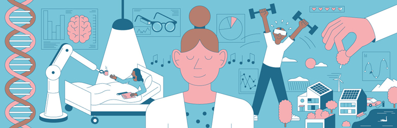 Illustration von Ausstellungsstücken und Besuchenden