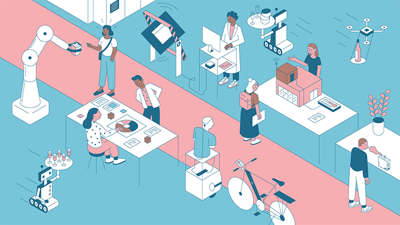 Illustration von Ausstellungsstücken und Besuchenden