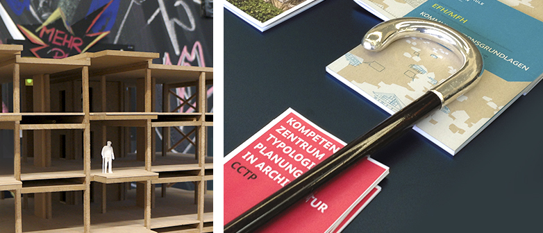 Bildcollage mit Architekturmodell und Gehstock