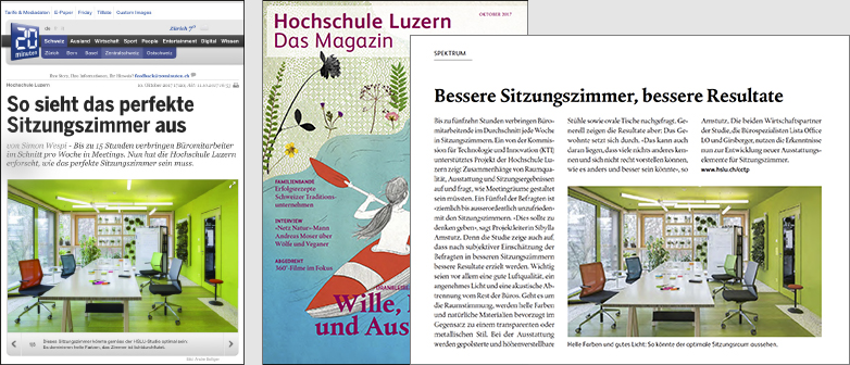 Im Magazin der Hochschule Luzern sowie in 20 Minuten wird die Studie «Corporate Collaboration Spaces» vorgestellt, die Zusammenhänge von Raumqualität, Ausstattung und Sitzungsergebnissen aufzeigt und fragt, wie Meetingräume gestaltet sein müssten.
