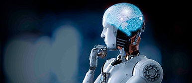 Robot head leans on its hand