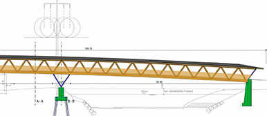 Technische Seitenansicht einer Fachwerkbrücke mit Abmessungen, Widerlagern und schematischem Querschnitt.