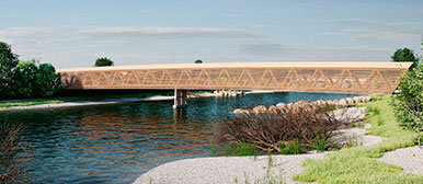 Visualisierung einer schlanken Fachwerkbrücke aus Holz über einen Fluss in grüner Landschaft.