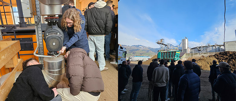 Studierende analysieren eine Industrieanlage mit Motor und Fördertechnik sowie Exkursion zu einer Biogasanlage.