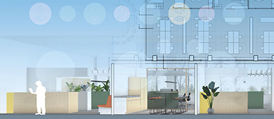 Rendering eines Innenraumes mit blauem Hintergrund