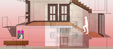 Rendering eines Innenraumes mit rotem Hintergrund