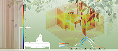 Rendering eines Innenraumes mit grünem Hintergrund