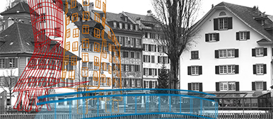 Zeichnung über einem Stadtbild