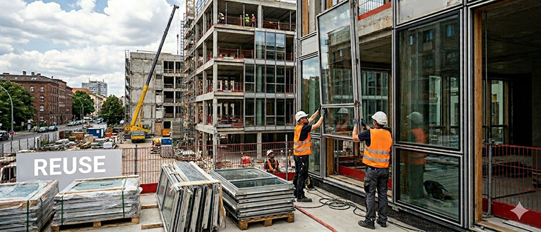 Zwei Männer montieren ein Fenster-Bauteil aus Materialkombinationen bestehend aus Sekundaerrrohstoffen ein.